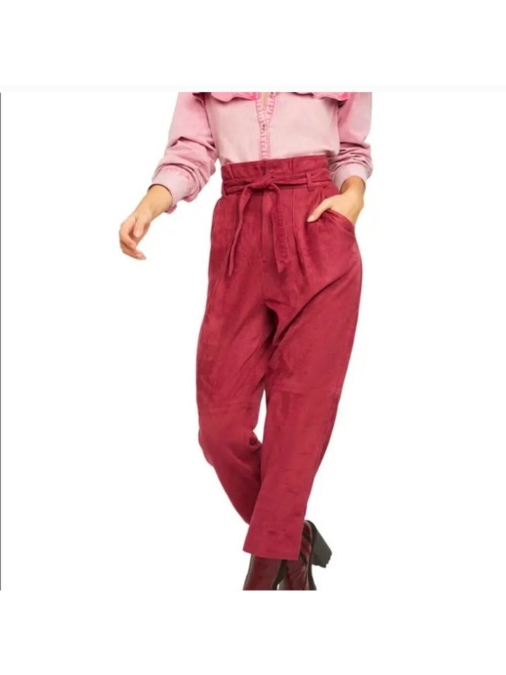 Free People Red Nightfall Vegan Suede High Rise Belted Pants Size 4